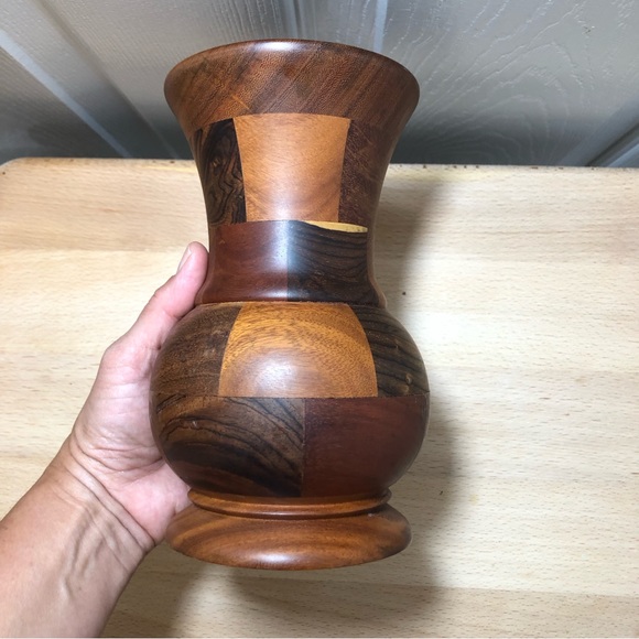 Vintage Handcrafted Inlaid Wood Brown Tan Parquetry Vase - Picture 6 of 10